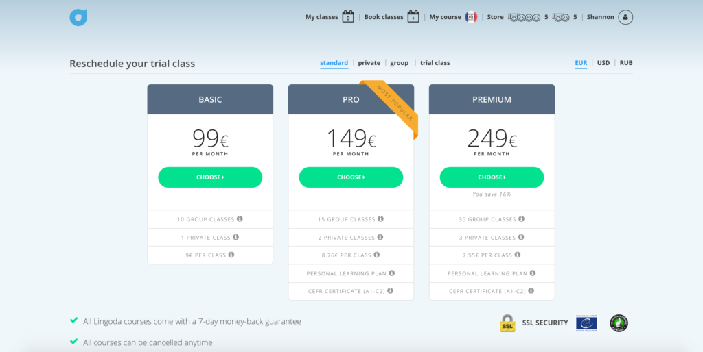 Lingoda pricing